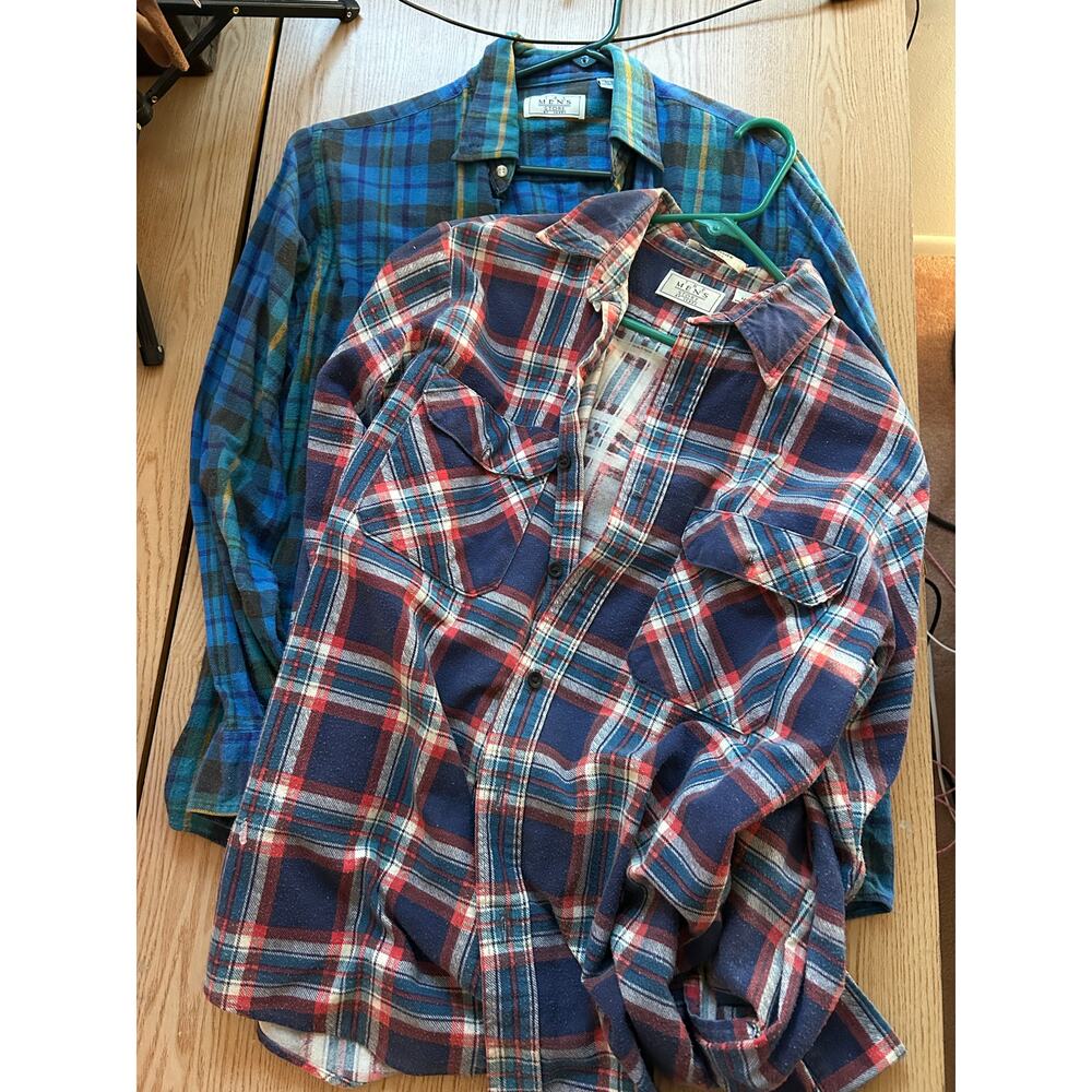 Bundle of 2 Men's Cotton Flannel LS Shirts Faded Blue Red Green White Etc Medium